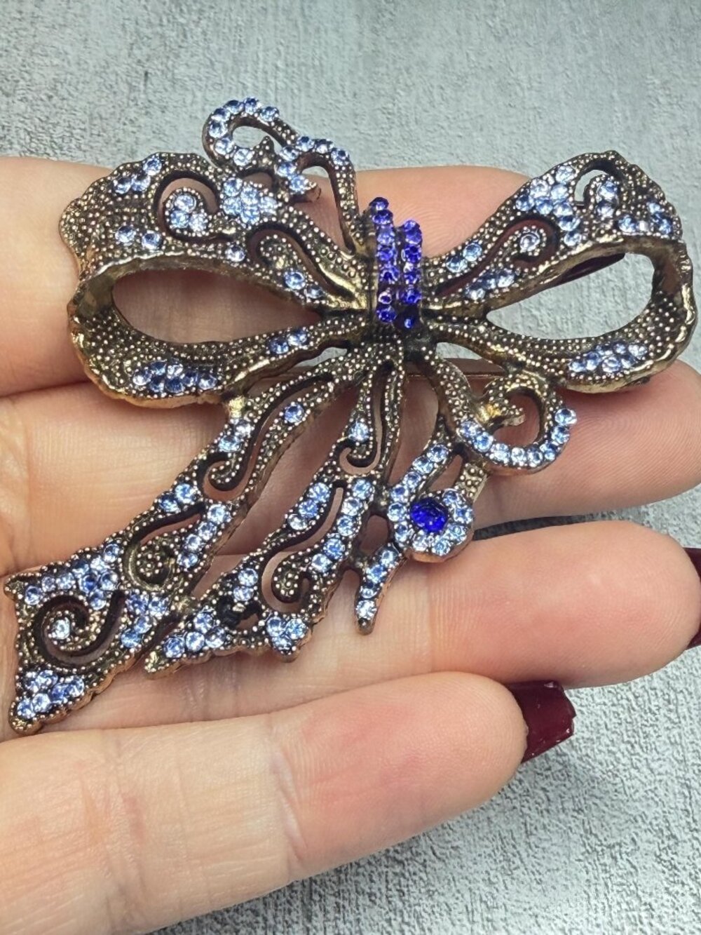 Baroque Style Bow Brooch Blue Purple Rhinestones